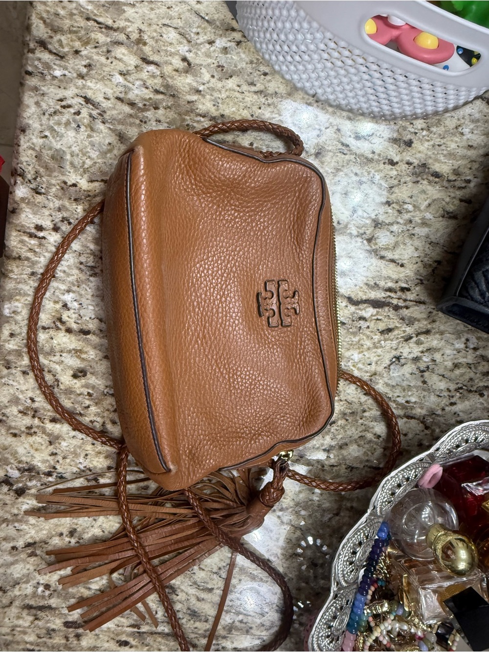 Tory Burch Cognac Pebbled Leather Crossbody with Braided Strap and Tassel